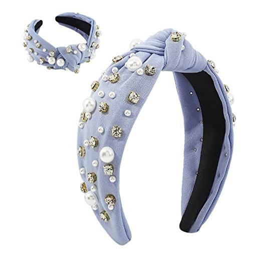 ATOLEA cerchietto annodato per donna ragazza fascia retrò con nodo largo superiore perla strass fascia (taglia unica), blu peacoke