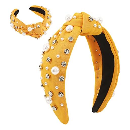 ATOLEA cerchietto annodato per donna ragazza fascia retrò con nodo largo superiore perla strass fascia (taglia unica), giallo