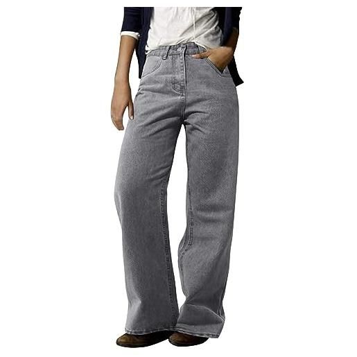 Generisch jeans da donna a gamba dritta, stile retrò, per il tempo libero, con tasca larga, pantaloni eleganti, comodi, elasticizzati, per il tempo libero, per le attività all'aria aperta, a vita alta, grigio. , 