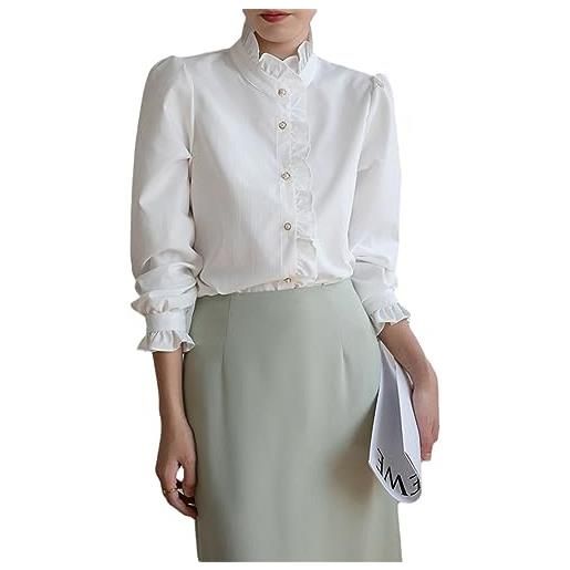 Bciopll camicia bianca da ufficio da donna autunno francese vintage con volant colletto manica lunga stile corte bouse da donna white m