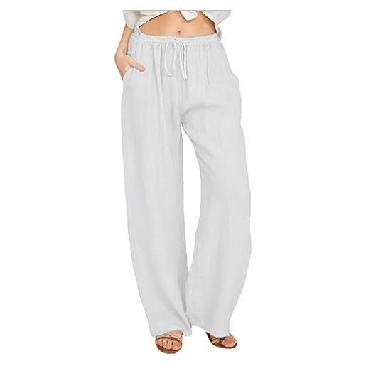 ZPLMIDE summer plus size loose casual cotton and linen pants, women's solid color joggers pants drawstring elastic waist long wide leg pants (m, white)