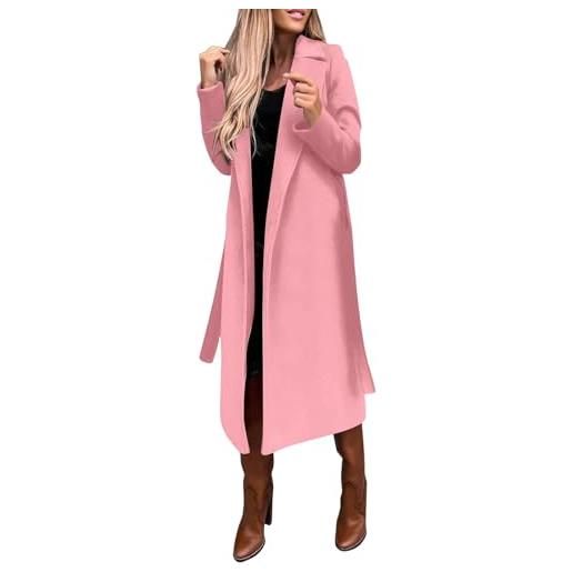 YEJSERE donne faux lana cappotto camicetta sottile cappotto trench lungo giacca donna sottile lunga cintura elegante soprabito outwear cappotto molto lungo, rosa. , m