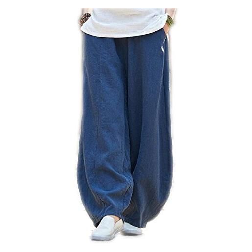 Lazutom donne lady stile cinese vintage cotone lino harem pantaloni con tasche, blu navy 2. , taglia unica
