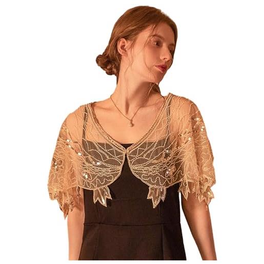 GIBZ scialle flapper da donna glitter, mantella anni '20 con paillettes, stole per abiti da sera feste cerimonia, oro chiaro