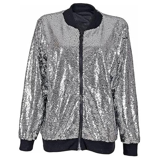 OgLuxe giacca da donna metallizzata con glitter, con paillettes, stile bomber con zip, per feste e festival da indossare s-xl, argento, m