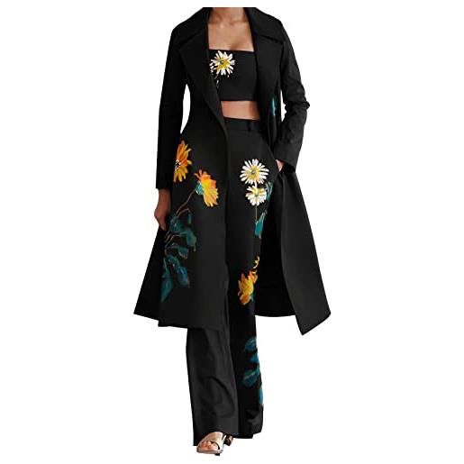 aromm donna floreale completo elegante maniche lunghe cappotto avvolto top bell flare pantalone 3 pezzi set nero, xl