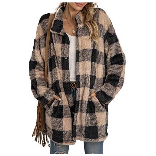 FeMereina giacca invernale da donna a quadri in pile oversize con colletto ampio, giacca invernale shacket da donna a maniche lunghe, z1, s