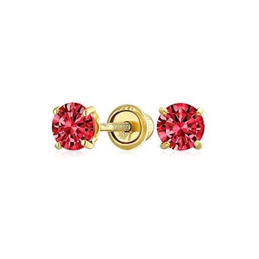 Bling Jewelry orecchini a vite minuscoli in oro giallo 14k con zirconia cubica rossa simulata, granato cz rotondo, 4mm