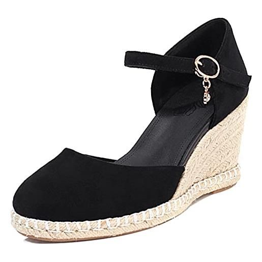 MJIASIAWA closed toe sandali donna con cinturino alla caviglia moda zeppa plateau espadrilles bowknot casuale tacco alto scarpe nero numero 36.5 eu/37 asiatico