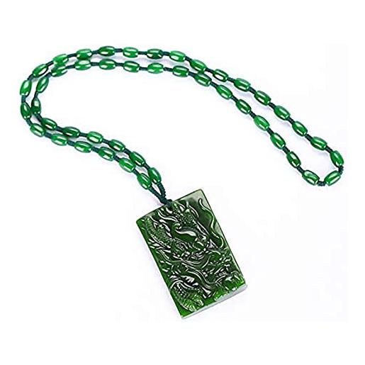 yigedan collana con ciondolo portafortuna cinese a forma di drago, in giada naturale, intagliato a mano, verde, giada, giada
