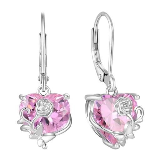 YL orecchini cuore rosa farfalla in argento 925 con orecchini da donna mamma con pietra portafortuna di ottobre rosa zirconia cubicaa cubica
