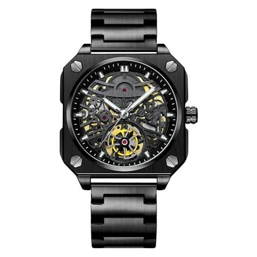 RORIOS orologio da uomo automatico meccanico orologi da polso minimalista scheletrato orologi casuale impermeabile orologi cinturino in acciaio inossidabile nero a