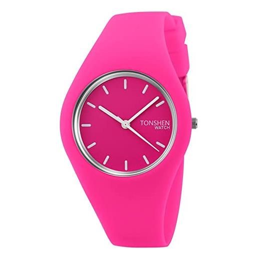 TONSHEN semplice fashion analogico quarzo orologio donna e ragazza 12 colori gomma sport orologi da polso casual elegante orologi (rosa rosso)