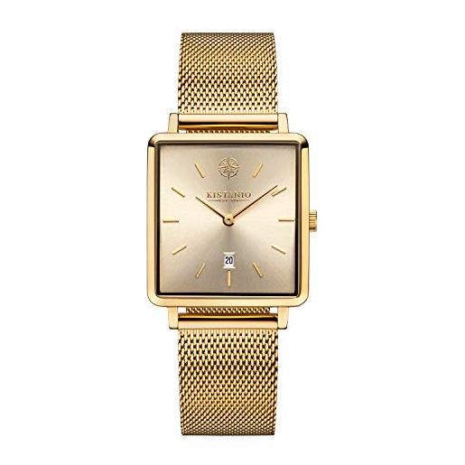 Kistanio carré go-gos-m - orologio da donna con cinturino in maglia milanese, data in acciaio inox placcato oro e vetro zaffiro