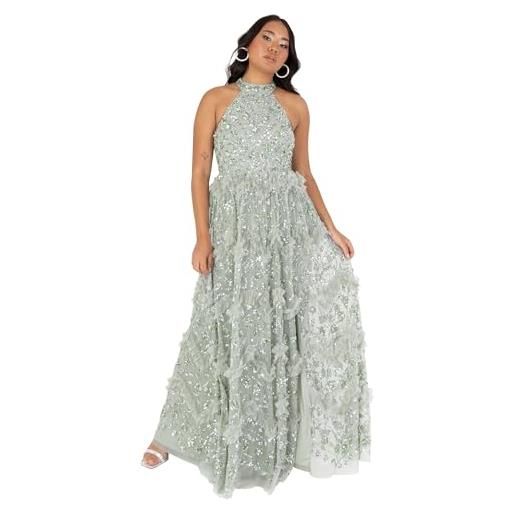Maya Deluxe maxi dress ladies halterneck sleeveless sage paillettes embellished ruffles split slit a-line evening ball gown vestito, verde giglio, 40 donna