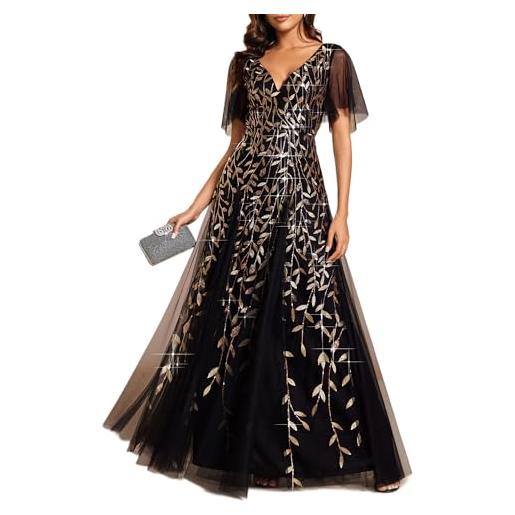 Ever-Pretty vestito da cerimonia lungo paillettes stile impero scollo a v maniche corte abito elegante donna oro 38
