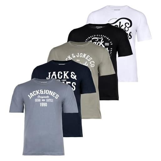 JACK & JONES set di 5 magliette da uomo in diversi stili, stampe e colori in cotone, mix2, l