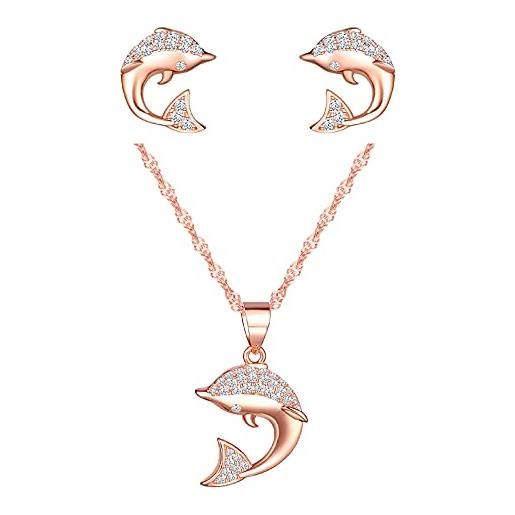 CPSLOVE collana da donna ragazze, orecchini da donna ragazze, parure di gioielli in argento 925, collana pendente delfino di diamanti, orecchini delfino di diamanti, oro rosa