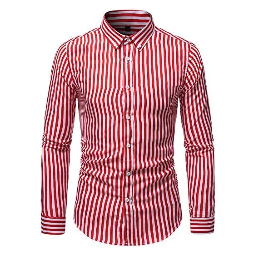 FAWHEWX camicia a righe casual da uomo camicia a maniche lunghe con bottoni camicia da lavoro ampia camicia a maniche lunghe da uomo con bottoni collo quadrato camicia regular fit top(un rosso/xl)