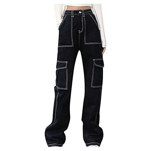 IQYU baggy jeans da donna a vita alta, oversize: pantaloni cargo con stampa a farfalla, jeans lunghi boyfriend-jeans a gamba larga, pantaloni in denim, pantaloni dritti y2k, stile casual, per adolescenti e