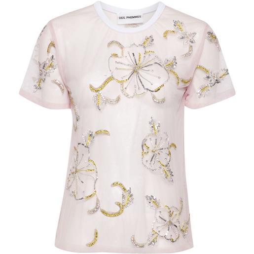 DES PHEMMES hibiscus-embroidered semi-sheer t-shirt - rosa