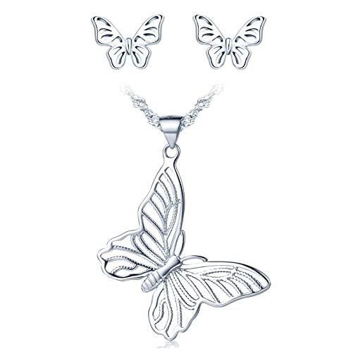 CPSLOVE collane e orecchini farfalla da donna, set di gioielli in argento 925, elegante collana di farfalla, con catena da 45cm, orecchini farfalla, zircone intarsiato, argento