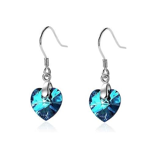 Bellitia Jewelry orecchini cuore da donna argento sterling 925 con brillanti cristalli pendenti, orecchini cuore di oceano cristallo blu regalo gioielli natale, compleanno, aniversario