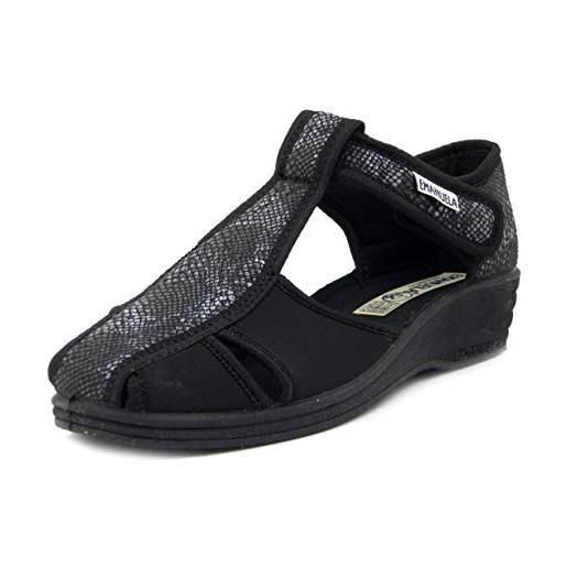EMANUELA, scarpa aperta donna linea comfort in tessuto elasticizzato nero, chiusura a strap, zeppa bassa, 915