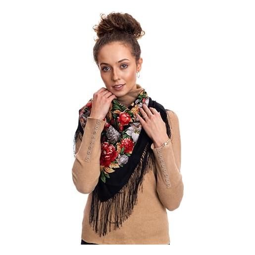Pavlovo Posad Shawl Manufactory pawlow pavlovo posad - sciarpa da donna in 100% lana con frange di seta, con paisley e fiori, 89 cm x 89 cm, nero , 89cm x 89cm