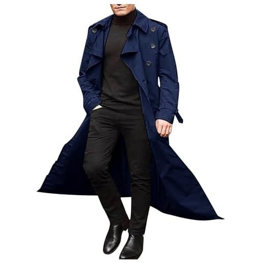 HERSIL uomo autunno e inverno lungo trench cappotti doppio petto cintura giacca sciolto hardshell giacche uomo leggero, blu, xxl