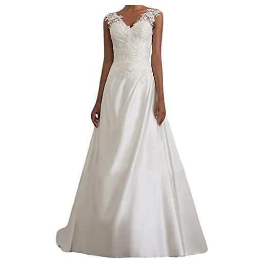 YOUCAI abiti da sposa donna elegante senza maniche scollo a v in pizzo lungo vestito per matrimonio, bianco, eu36