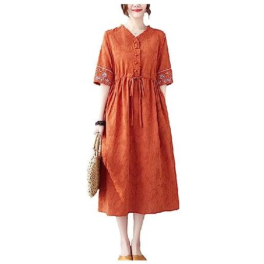 BBauer abito di lino di cotone ricamato da donna moda ricamo floreale in stile cinese con tasche abito con scollo a v arancione xl