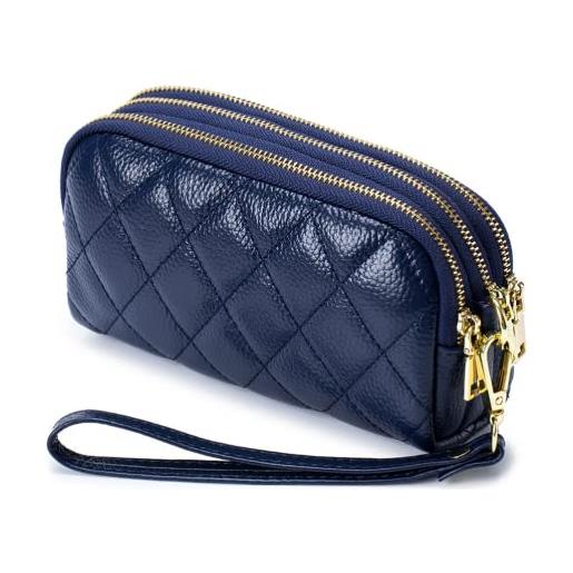 M.lemo925 portafoglio in vera pelle per le donne da polso pochette borsa trapuntata borsa per telefono cellulare di grande capacità, blu