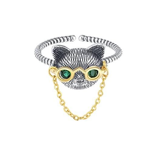 Bellitia Jewelry anello da donna in argento sterling 925 con vetro, anello gatto regolabile per donna, anelli aperti gioielli per donna e ragazza