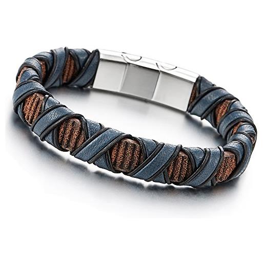 COOLSTEELANDBEYOND braccialetto di marrone nero blu pelle intrecciata, uomo donna bracciale fascia di polso, acciaio chiusura magnetica