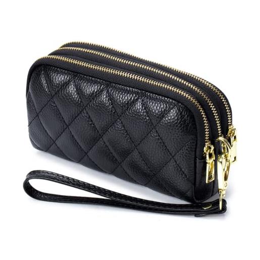 M.lemo925 portafoglio in vera pelle per le donne da polso pochette borsa trapuntata borsa per telefono cellulare di grande capacità, nero