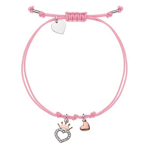 Disney bracciale argento per bambine con cuore pendente, impreziosito da zirconia bianchi - cordino in macrame' rosa
