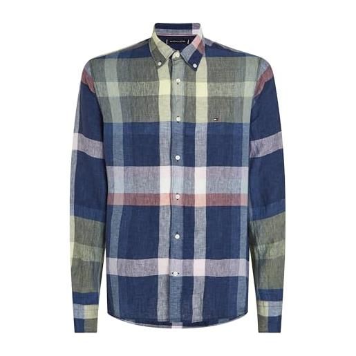 Tommy Hilfiger camicia da uomo a quadretti linen multi check rf shirt, blu, xl