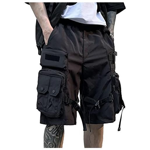 Ambcol pantaloncini da uomo techwear cargo cyberpunk hip hop giapponese streetwear tactical estate beach pants, s67 nero, m
