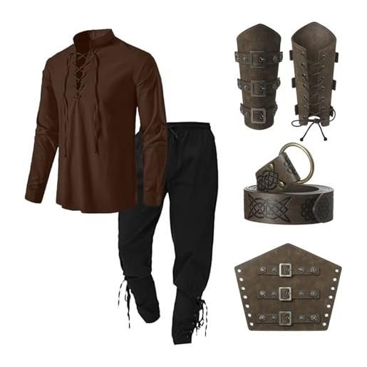 Gefomuofe costume vichingo, da uomo, camicia da pirata, set di 4 pezzi, in tessuto di lino rinascimentale, abbigliamento medievale, camicia classica con lacci, camicia da pirata, trasparente, l