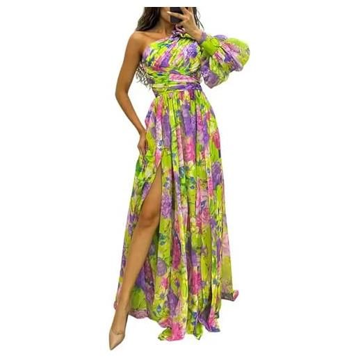 Generic abito da sera da donna abito monospalla lungo fino al pavimento abito con stampa floreale colorata maniche lunghe abito con spacco laterale-viola-s
