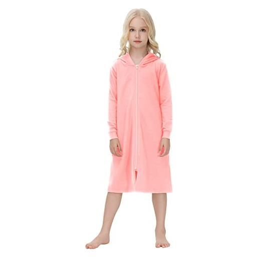 Alunsito camicia da notte per bambini per ragazzi e ragazze con zip frontale manica lunga tinta unita vestaglia intera lunghezza loungewear con 2 tasche 140 rosa 9-10 anni