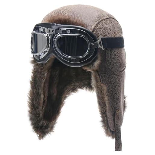 CLoxks cappelli aviatore cappello bomber invernale da uomo per moto all'aperto antivento caldo cappello da pilota con paraorecchie in pelle termica da caffè con occhiali