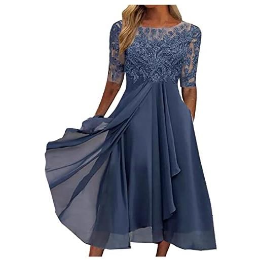 vokkrv abito lungo cerimonia elegante da donna in chiffon vestiti a manica 3/4 tinta unita pieghetta ricama trasparante tulle sera patchwork estivi linea ad a oversize s-3xl