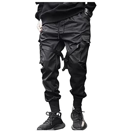 Ambcol pantaloni sportivi cargo da uomo, stile punk e streetwear, nero-11, l