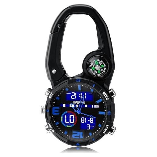 Aytop orologio con moschettone con clip con bussola display 12/24 ore moschettone orologio digitale fob con quadrante luminoso orologio da paramedico con clip impermeabile da 30m (blu)