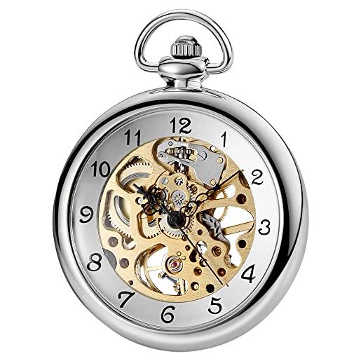 Tiong orologio da tasca vintage con catena meccanica numeri romani steampunk orologio da tasca scheletro per compleanno natale migliori regali e confezione regalo, argento e oro. , retrò