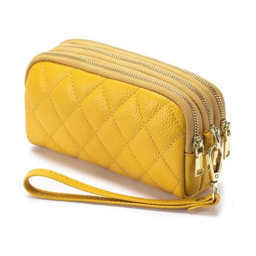 M.lemo925 portafoglio in vera pelle per le donne da polso pochette borsa trapuntata borsa per telefono cellulare di grande capacità, giallo