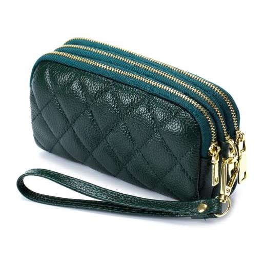 M.lemo925 portafoglio in vera pelle per le donne da polso pochette borsa trapuntata borsa per telefono cellulare di grande capacità, verde
