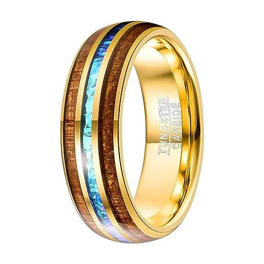 Fivavo anello da uomo e da donna in oro acacia + imitazione opale intarsio in acciaio al tungsteno, anello di fidanzamento, anello dell'amicizia, misura 54 (17,2) fino a 72 (22,9), carburo di